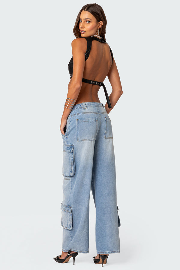 Porsha Open Back Faux Leather Crop Top view 2