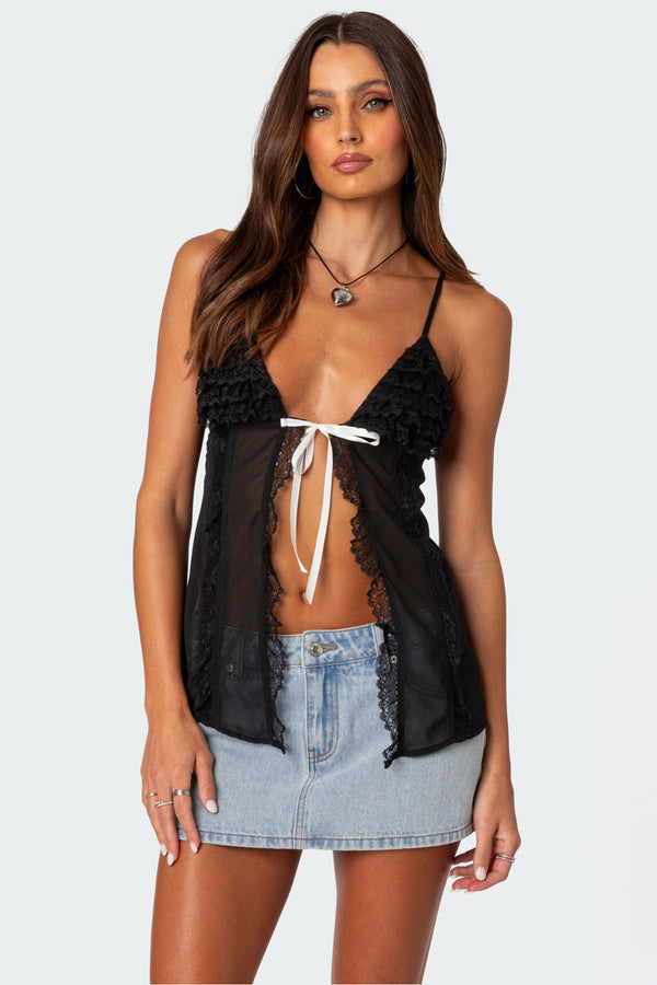 Linette Lacey Sheer Split Front Top view 1