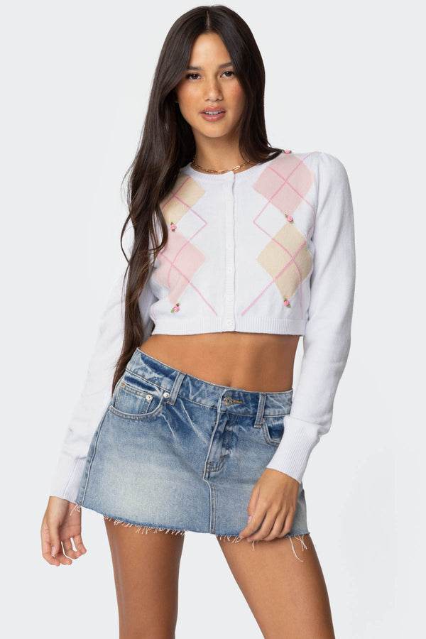 Francis Cropped Argyle Knit Cardigan view 1