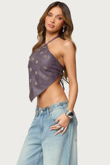 Shila Studded Faux Leather Backless Top