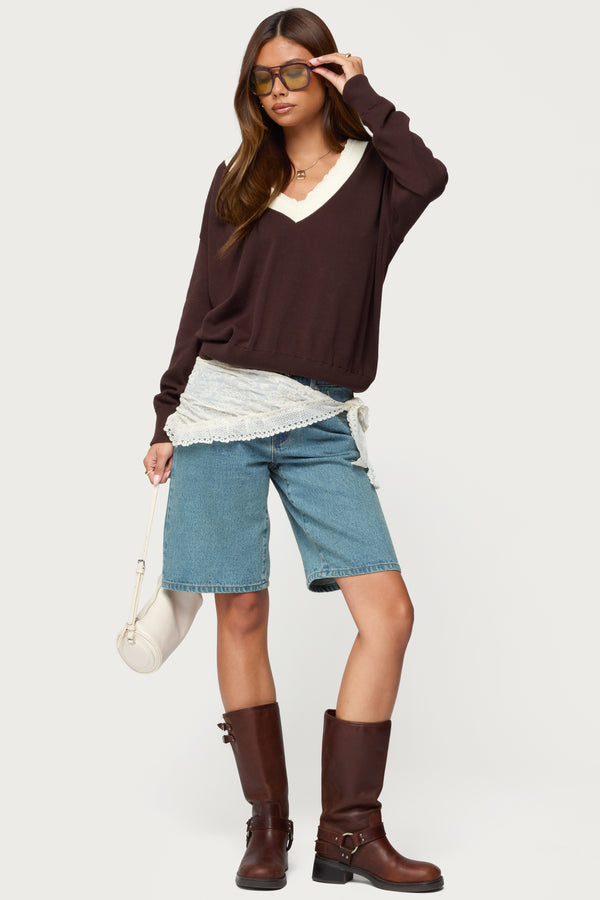 Marie Contrast Lacey V Neck Sweater view 2