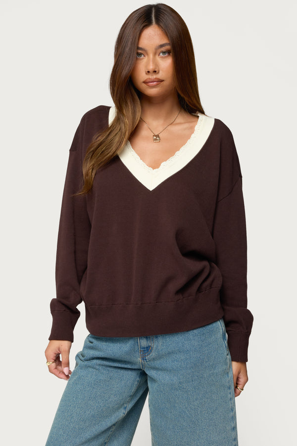 Marie Contrast Lacey V Neck Sweater view 1