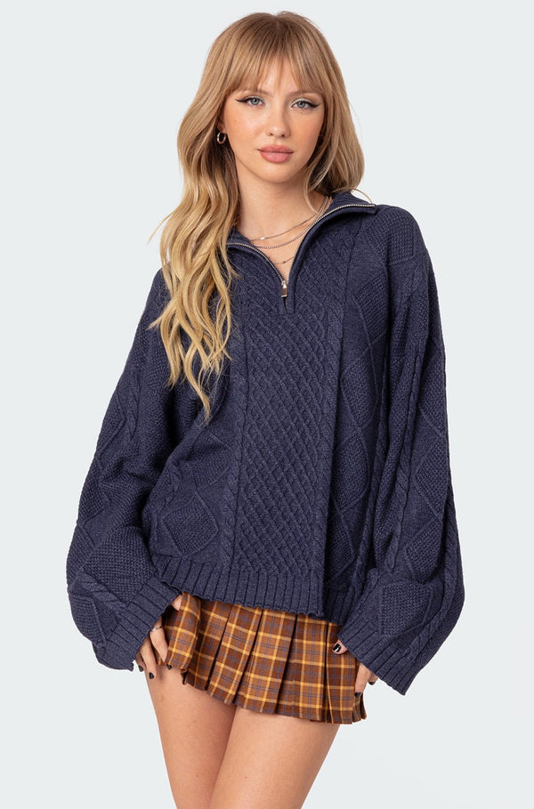Oversized Quarter Zip Cable Knit Sweater view 1