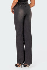 Buckle Belt Washed Low Rise Flared Jeans