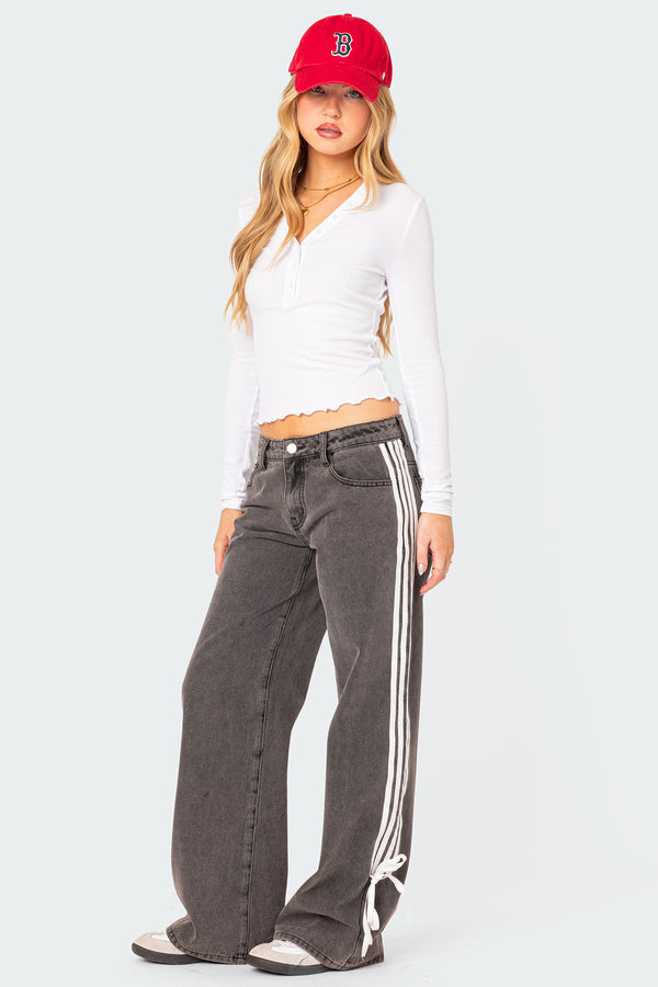 Ribbon Washed Low Rise Baggy Jeans view 1