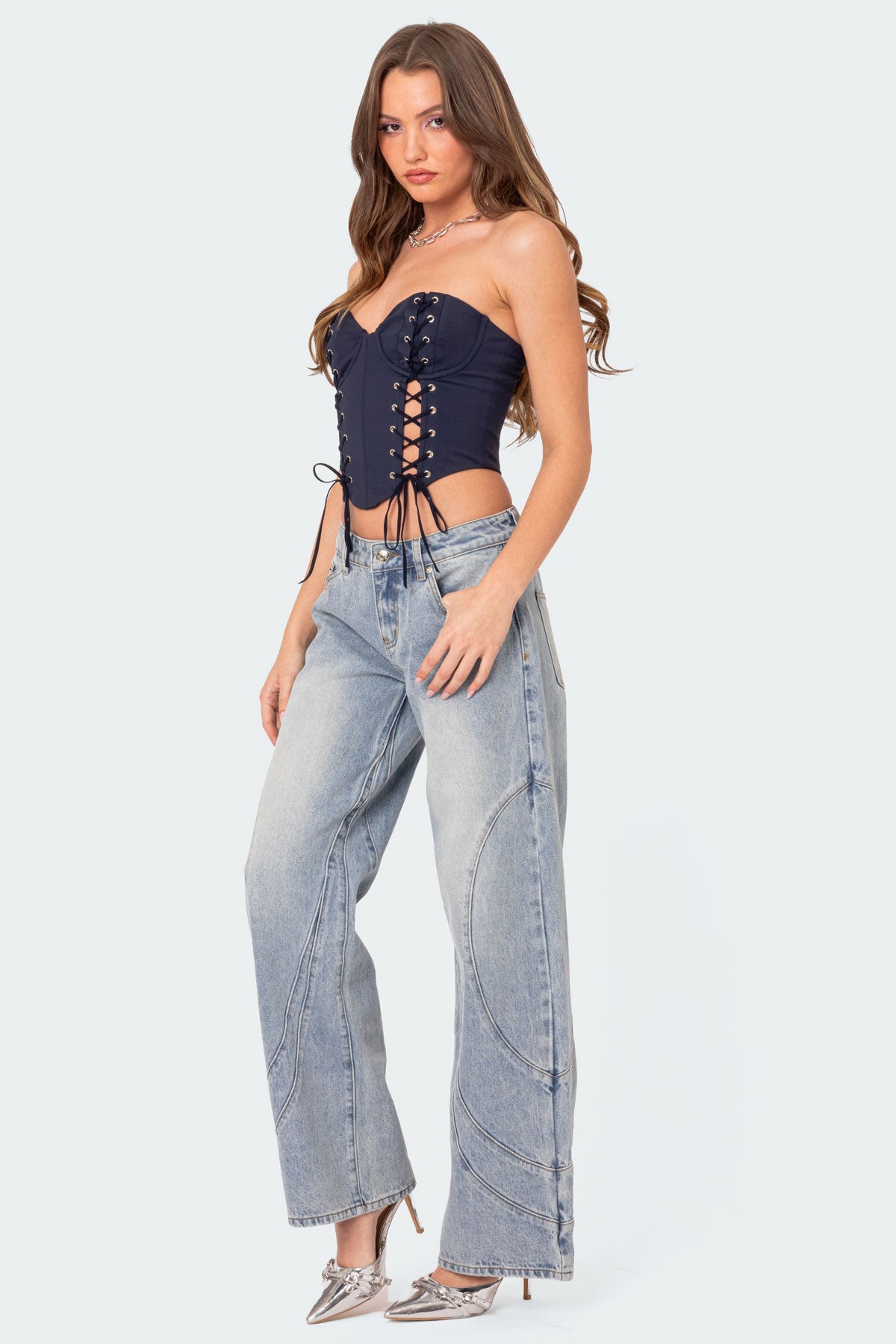 Oaklynn Stitch Detail Low Rise Baggy Jeans