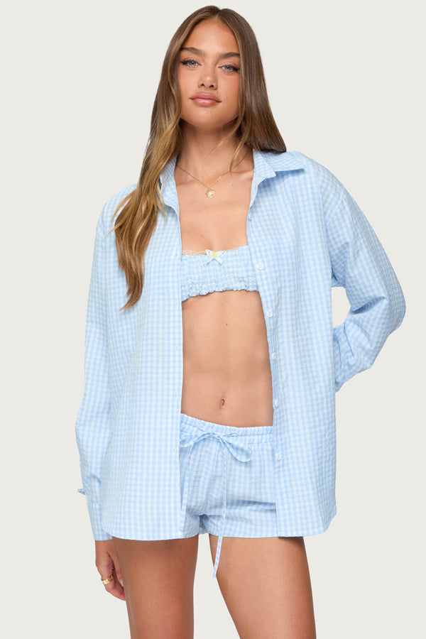 Yaffa Oversized Gingham Button Up Shirt view 1
