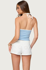 Contrast Ribbed V Neck Halter Top
