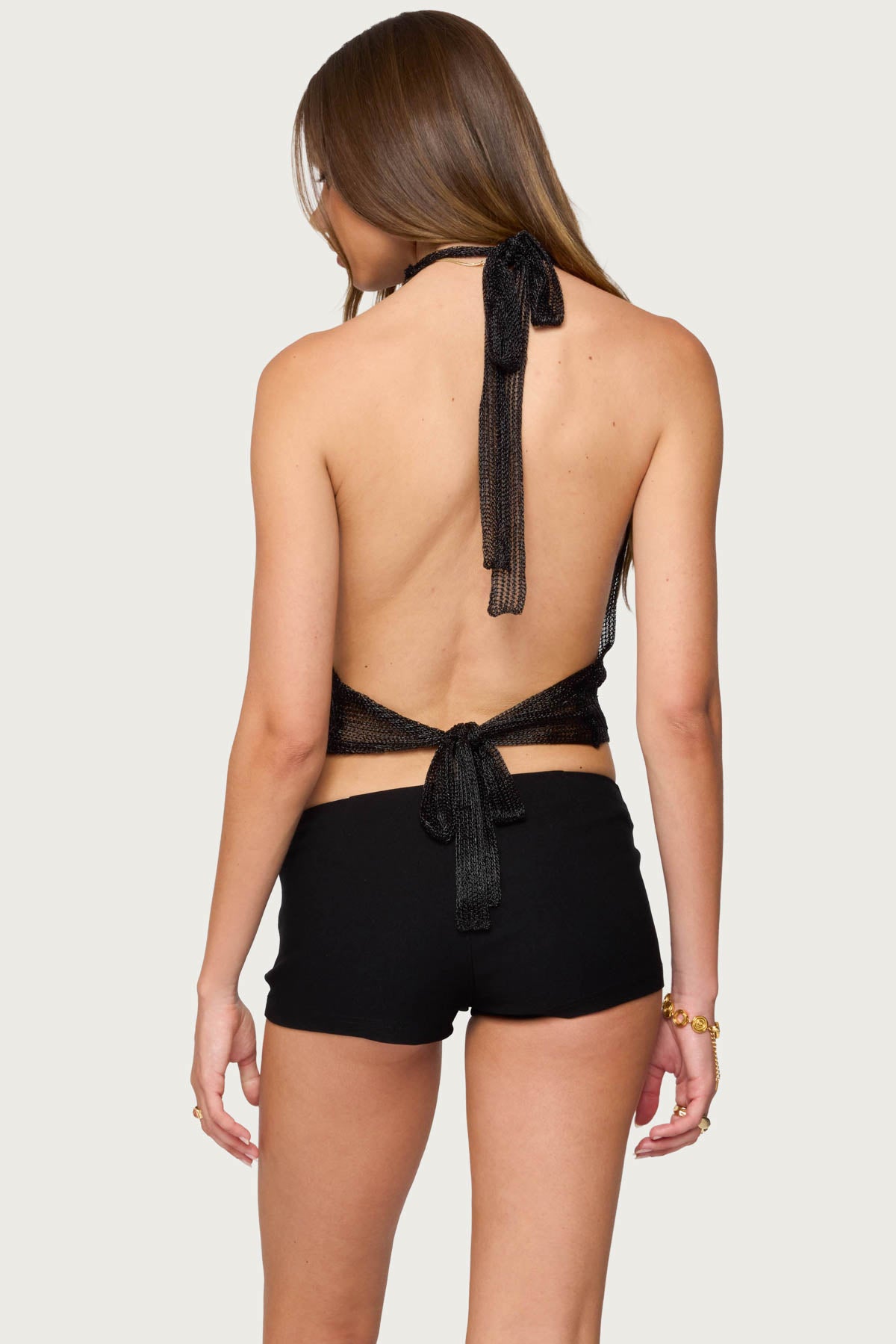 Shiny Knit Cowl Neck Backless Top
