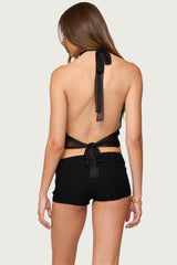 Shiny Knit Cowl Neck Backless Top