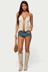 Sequin Lace Split Front Backless Top