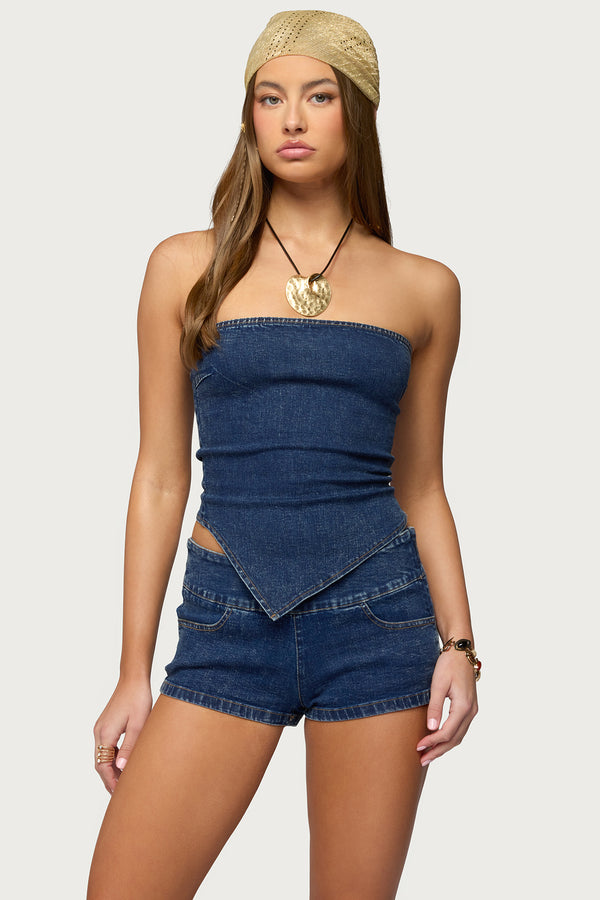Zaida Asymmetric Denim Strapless Top view 1