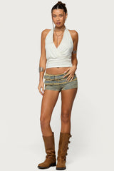 Alyza Distressed Belt Washed Denim Micro Shorts