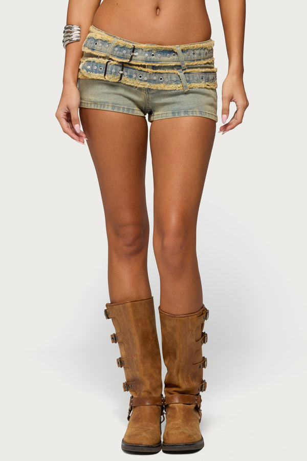 Alyza Distressed Belt Washed Denim Micro Shorts view 2