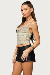 Sequin Crisscross Backless Cowl Neck Top