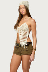 Maggie Bead Split Front Backless Crochet Top