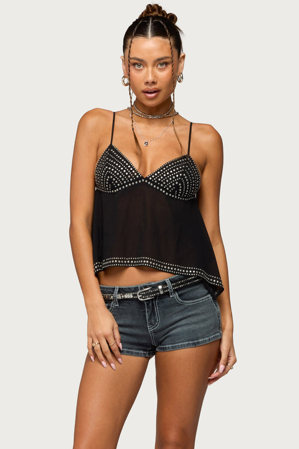 Studded Asymmetric Sheer Babydoll Top view 1