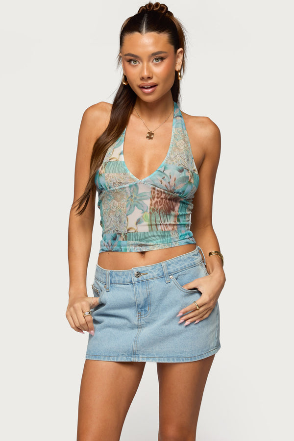 Catie Printed Mesh Halter Top view 1