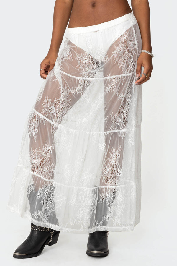 Tiered Sheer Lace Maxi Skirt view 2
