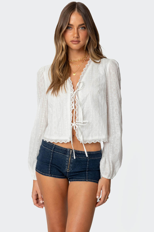 Lesley Cotton Lace Tie Front Top view 1