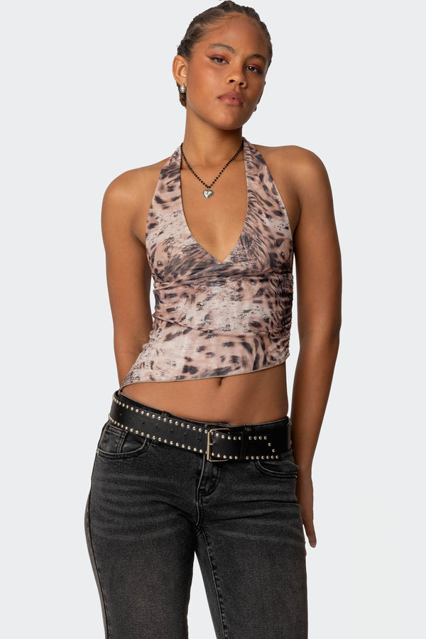 Leopard Mesh Asymmetric Halter Top view 1