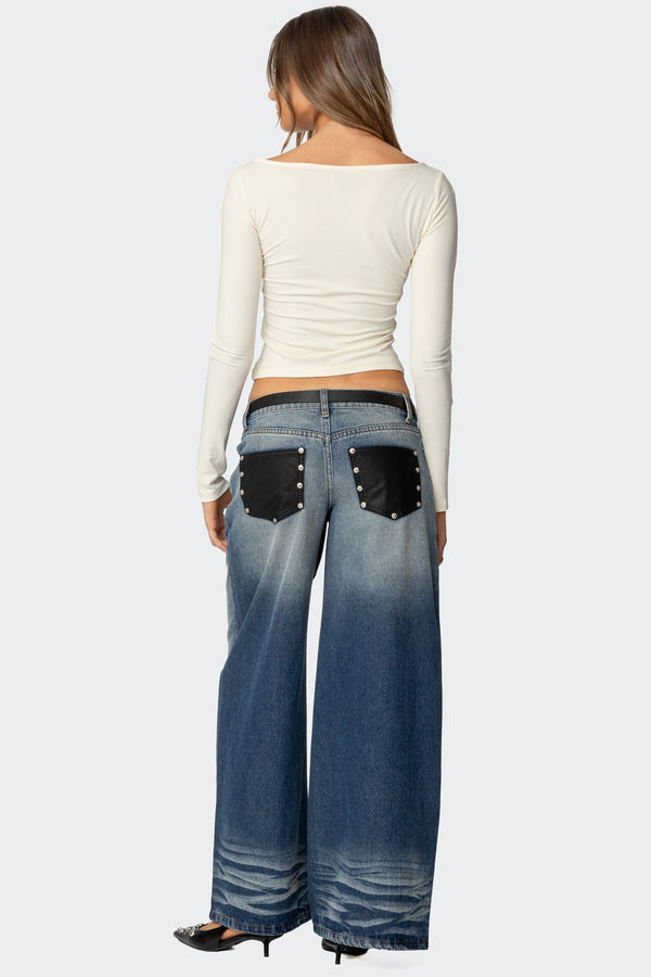 Faux Leather Pocket Low Rise Baggy Jeans view 1