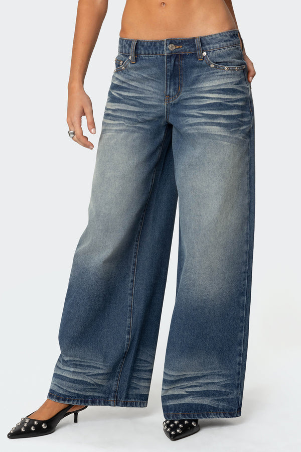 Faux Leather Pocket Low Rise Baggy Jeans view 2