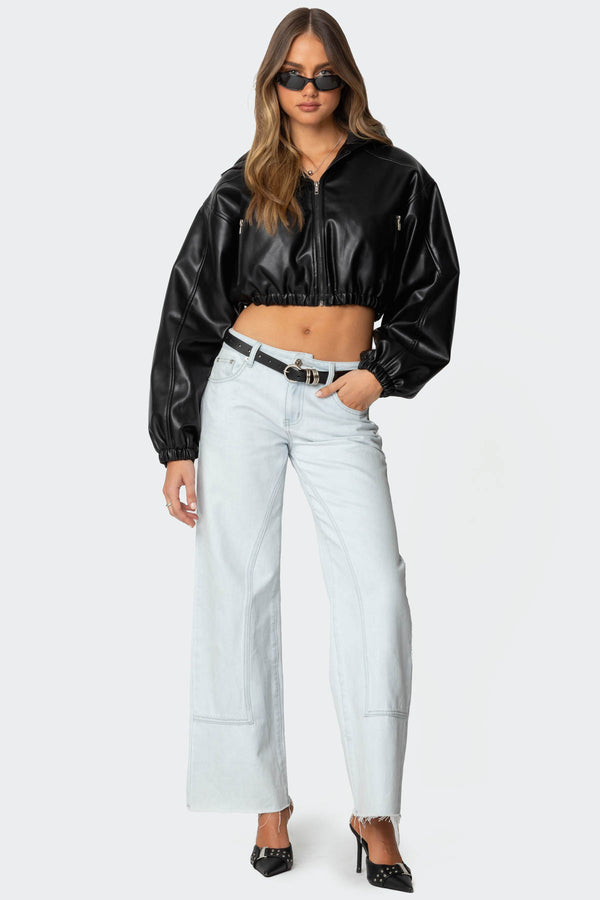 Hooded Faux Leather Cropped Jacket view 2