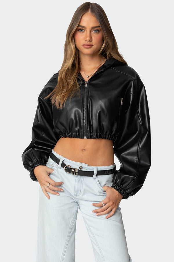 Hooded Faux Leather Cropped Jacket view 1