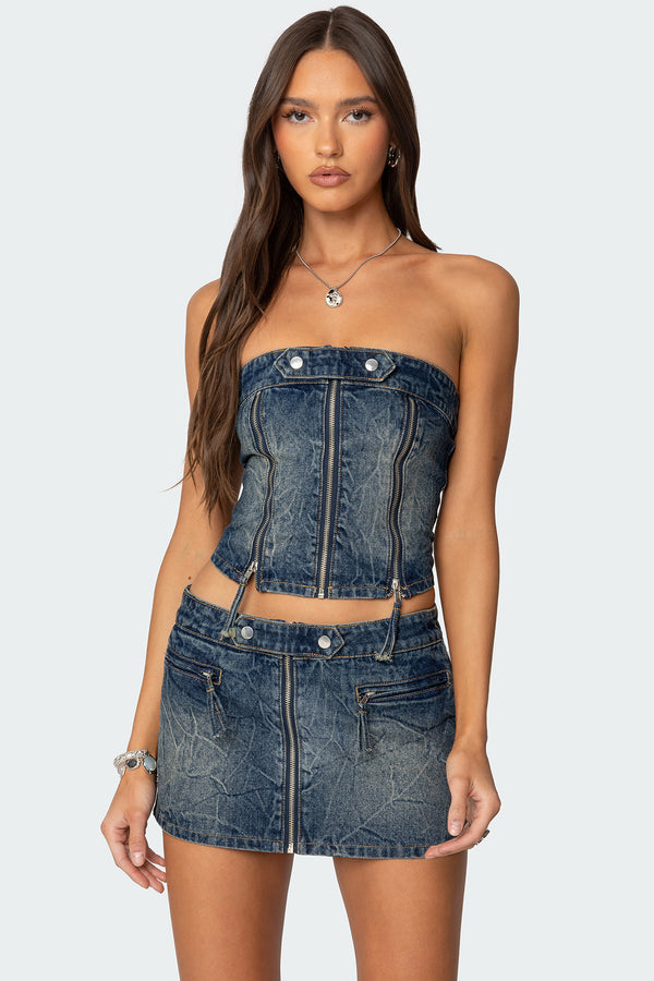 Guinevere Zip Washed Denim Top view 1