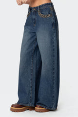 Gwen Leopard Detail Low Rise Baggy Jeans