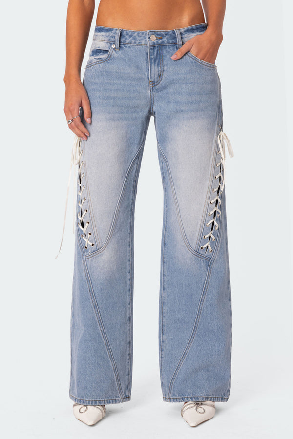 Ribbon Lace Up Low Rise Baggy Jeans view 2