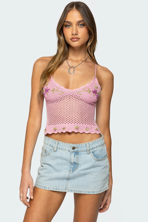 Quince Backless Embroidered Crochet Top view 1