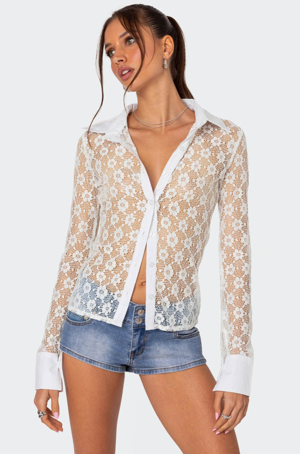 Cecilia Sheer Lace Button Up Shirt view 1