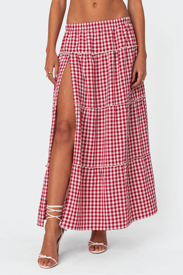 Gingham Side Slit Tiered Maxi Skirt view 2