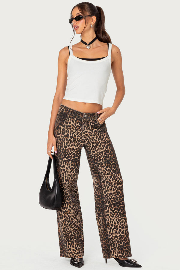 Leopard Printed Low Rise Baggy Jeans view 1