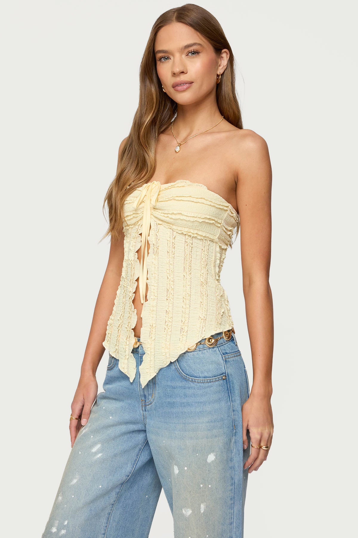 Textured Ruffle Split Front Strapless Top