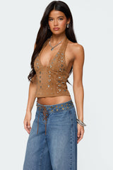 Xaria Studded Faux Suede Halter Top