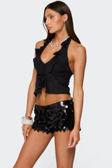 Ruffle Split Front Chiffon Top