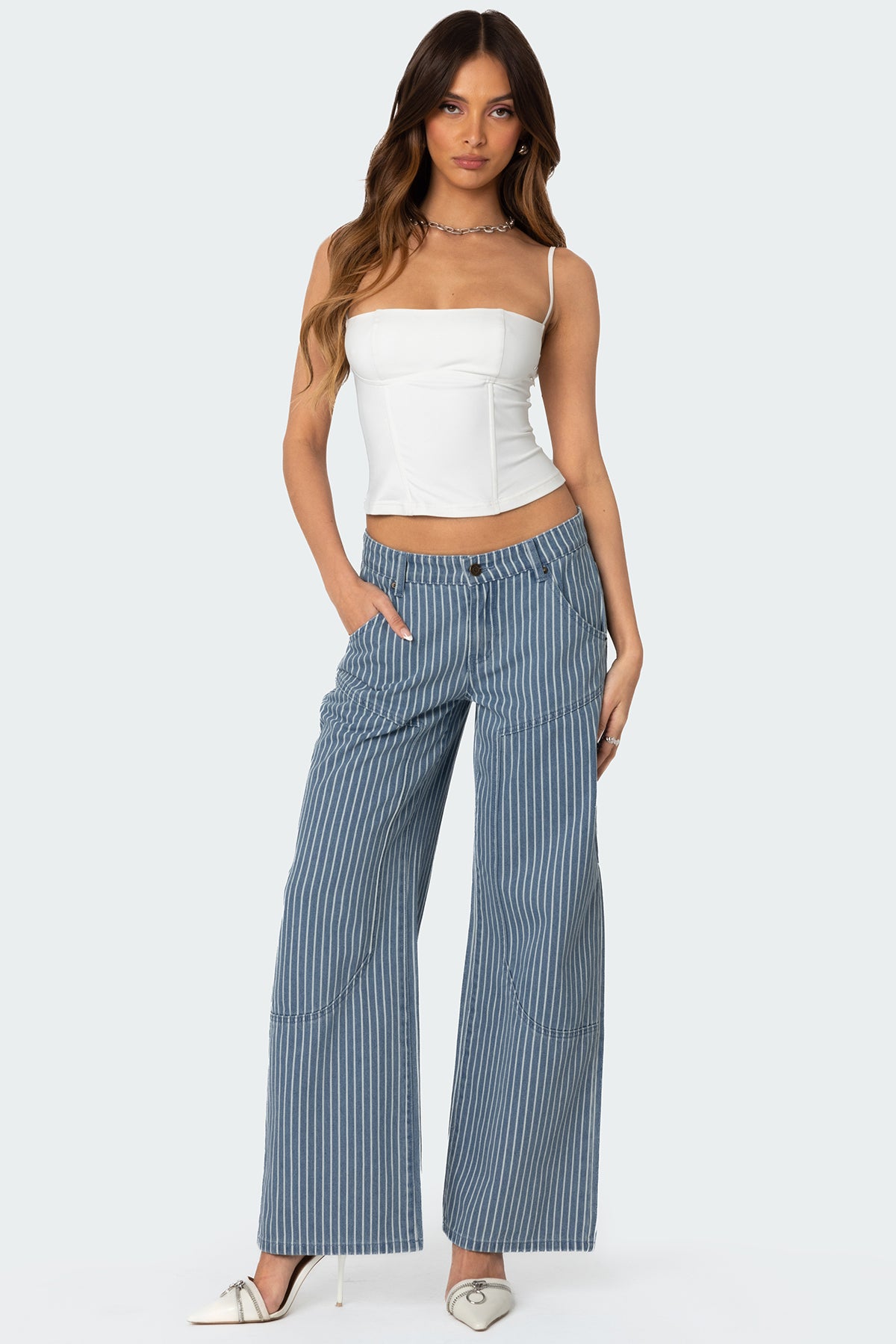 Striped Low Rise Baggy Carpenter Jeans