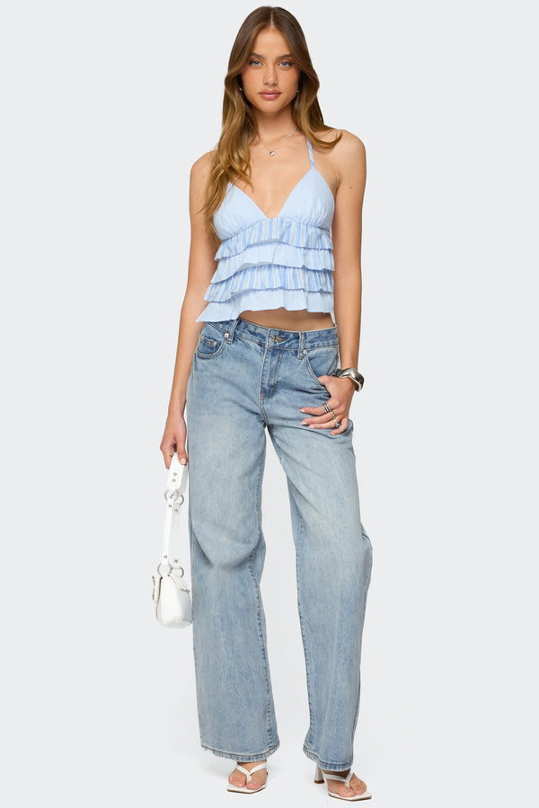 Tiered Ruffle Backless Striped Halter Top view 2