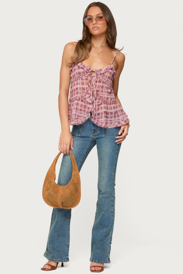 Chiffon Printed Tie Front Ruffle Top view 2