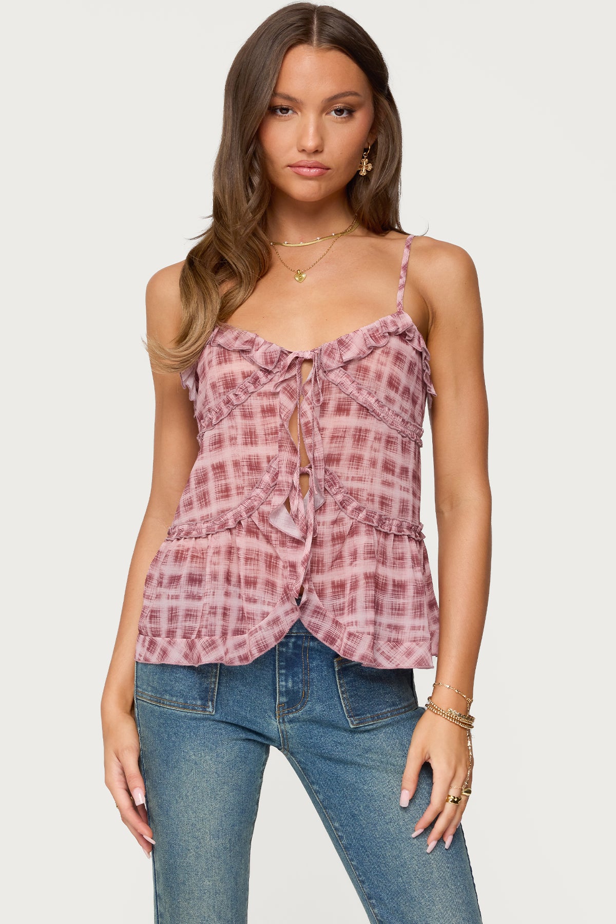 Chiffon Printed Tie Front Ruffle Top