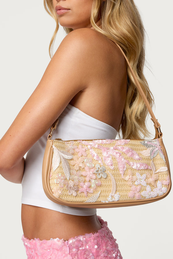 Sequin & Embroidered Straw Bag view 1