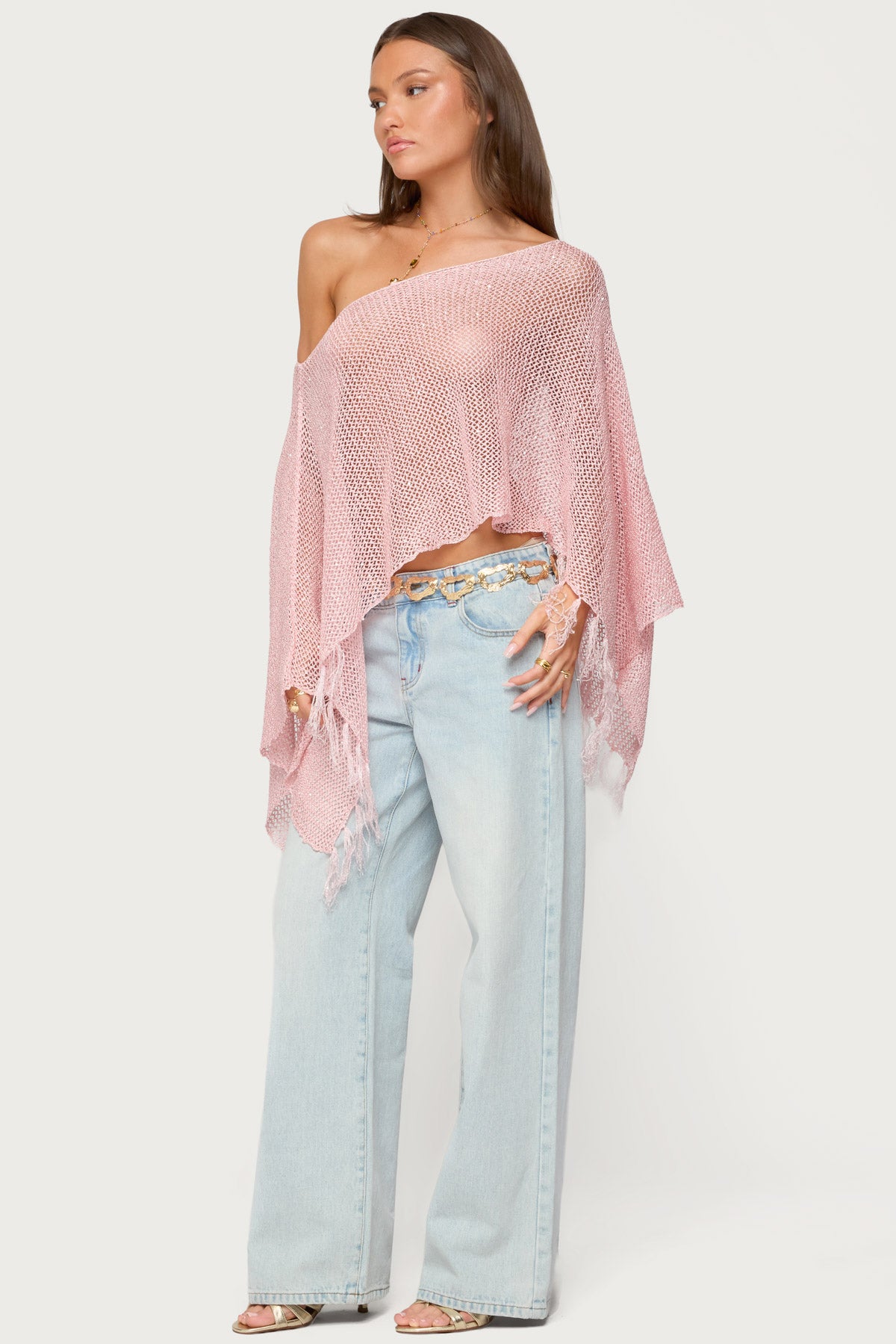 Sequin Fringe Knit Poncho