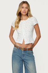 Odella Floral Ribbed Button Up Top