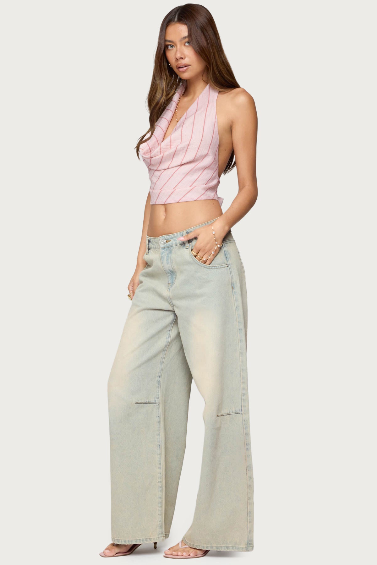 Stripey Metallic Cowl Neck Halter Top