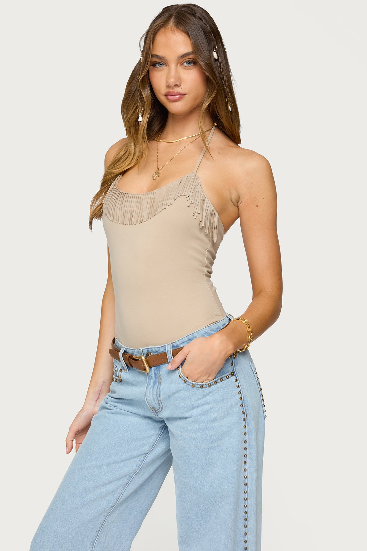 Colbie Faux Suede Fringe Trim Bodysuit