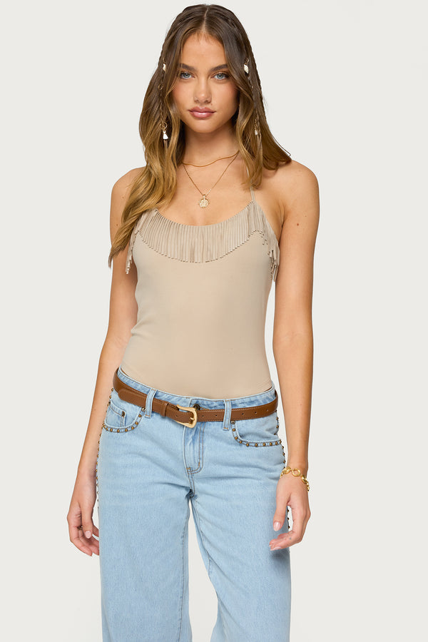 Colbie Faux Suede Fringe Trim Bodysuit view 1