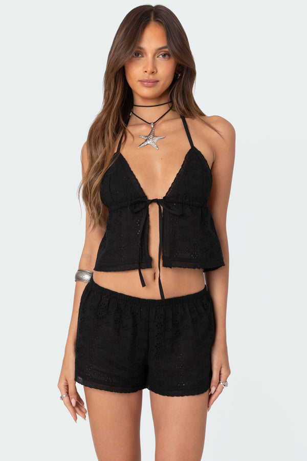 Jael Tie Front Eyelet Halter Top view 1